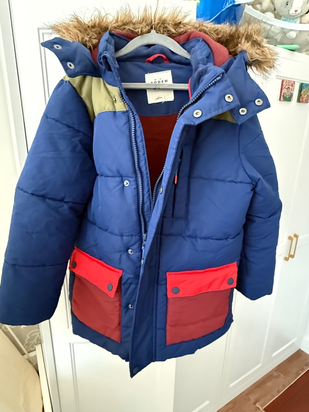 Mini Boden boys Fleece Lined Padded Coat Navy Colourblock size 9-10